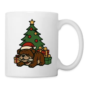 Bulldog Sleeping by Tree Christmas Cartoon Art - Mug - white - Right
