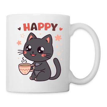 Glückliche und süße Kaffeekatze - Tasse - Weiß - Rechts