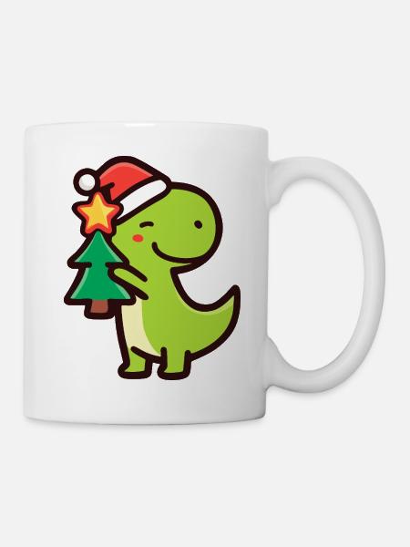 Kawaii Dino T-Rex mit Weihnachtsbaum - Tasse - Weiß
