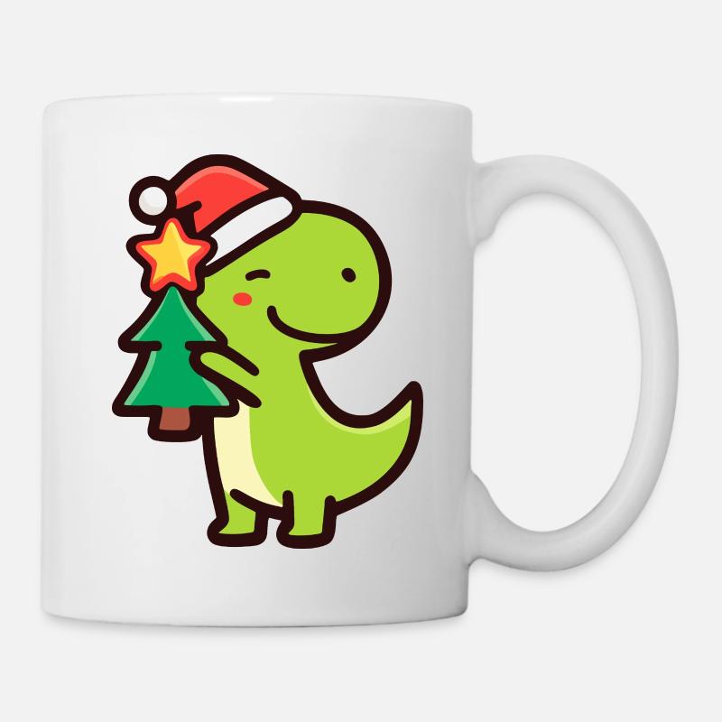 Kawaii Dino T-Rex mit Weihnachtsbaum - Tasse - Weiß