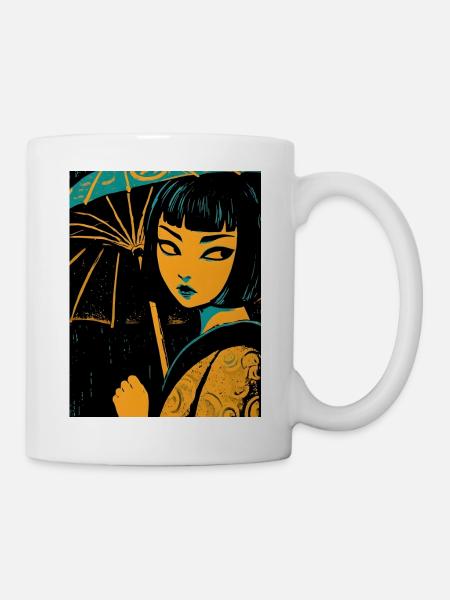 Nachtlicht Mädchen mit UkiyoE Regenschirm - Tasse - Weiß