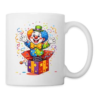 Clown aus der Box – Buntes Karnevalsmotiv - Tasse - Weiß - Rechts