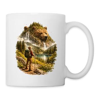 Hiker meets nature spirit – bear from forest landscape - Mug - white - Right