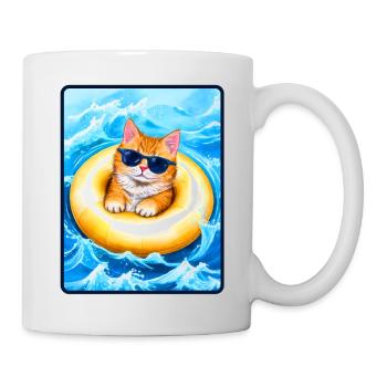 Katze im gelben Schwimmreifen - Tasse - Weiß - Rechts