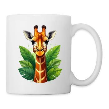 A giraffe surrounded by juicy, green leaves - Mug - white - Right