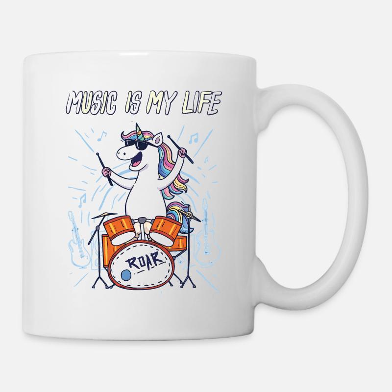 Music Is My Life – Einhorn am Schlagzeug - Tasse - Weiß