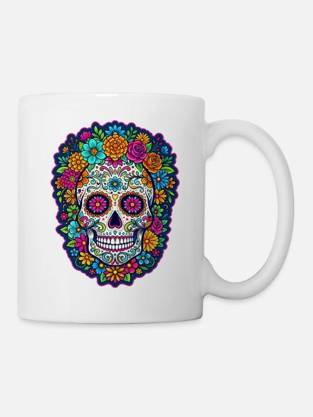 Mexikanischer Schädel, Zucker, Schädelblüten - Tasse - Weiß