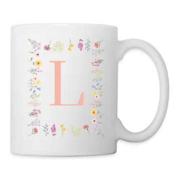 Florale Initialen "L", Buchstaben Monogramm  - Tasse - Weiß - Rechts