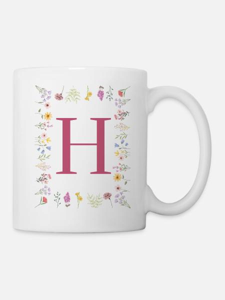 Florale Initialen "H", Buchstaben Monogramm - Tasse - Weiß