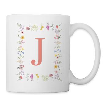 Florale Initialen "J ", Buchstaben Monogramm  - Tasse - Weiß - Rechts
