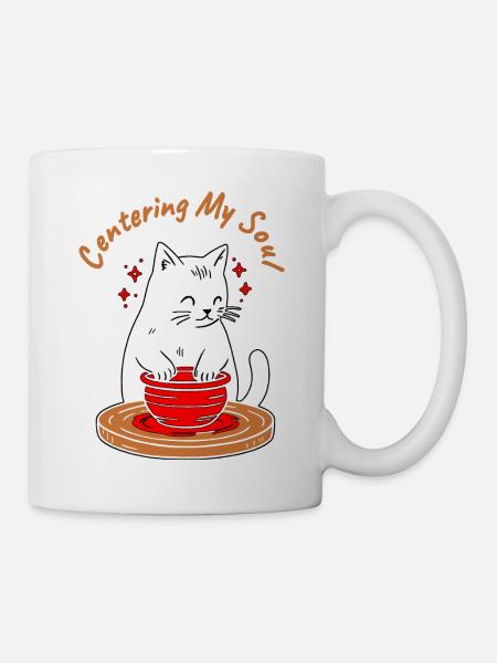 Meine Seele in den Mittelpunkt stellen – lustige Zen-Katzen-Töpferscheibe - Tasse - Weiß