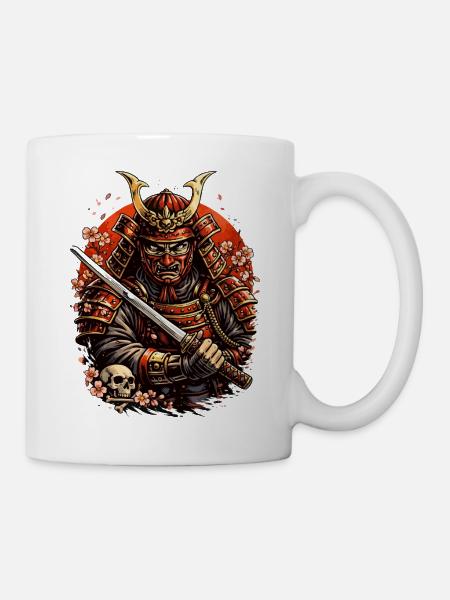 Samurai mit Kirschblüten und Schädel - Tasse - Weiß