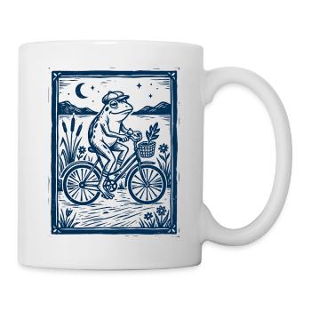 Frosch auf Fahrrad – Holzschnitt Geschenk - Tasse - Weiß - Rechts