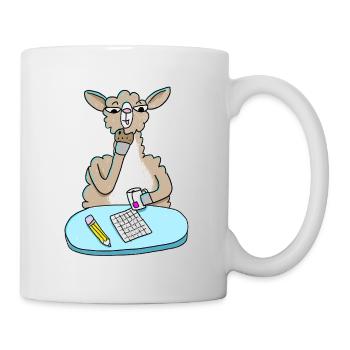 Llama at desk with biscuit and tea - Mug - white - Right