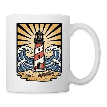 Leuchtturm, Meereswellen, Sonne, Retro-Tattoo - Tasse - Weiß - Rechts