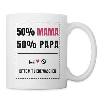 50% Mama 50% Papa Baby Waschetikett Spruch Familie - Tasse - Weiß - Rechts