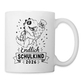 Endlich Schulkind 2026 Dino mit Blumen - Tasse - Weiß - Rechts