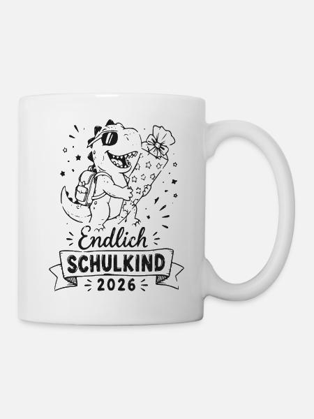 Endlich Schulkind 2026 Dino mit Blumen - Tasse - Weiß