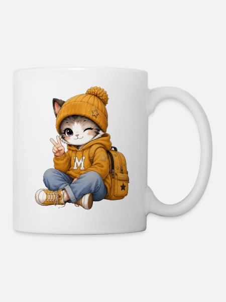 Kawaii-Kätzchen im gelben Hoodie - Tasse - Weiß