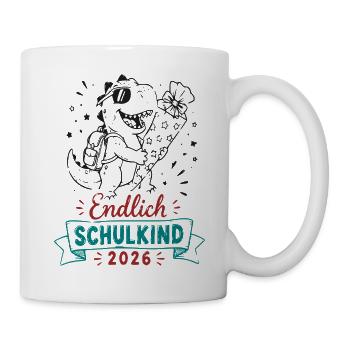 Endlich Schulkind 2026 Dino Feier - Tasse - Weiß - Rechts