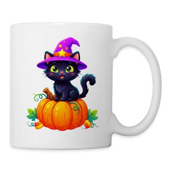 Süße Hexenkatze auf Kürbis - Tasse - Weiß - Rechts