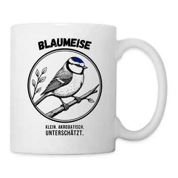 Blaumeise – Klein, akrobatisch, unterschätzt - Tasse - Weiß - Rechts