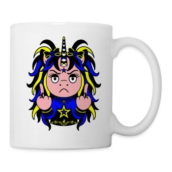 Volt-Mare: Blau-Gelbes EinZORN mit Mittelfinger - Tasse - Weiß - Rechts