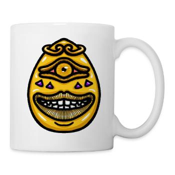 Lächelndes, einäugiges Golden Egg Monster Cartoon-Maskottchen - Tasse - Weiß - Rechts