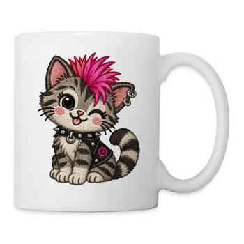 Punk Katze mit pinkem Iro – Stickmotiv Optik - Tasse - Weiß - Rechts