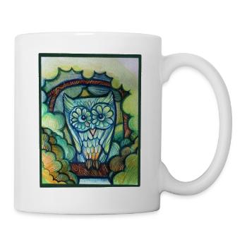 Eule in Blühen: Bunte Traumlandschaft - Tasse - Weiß - Rechts