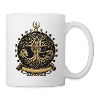 Goldener Lebensbaum, Löwe-, T-Rex- und Mondphasen - Tasse - Weiß - Rechts