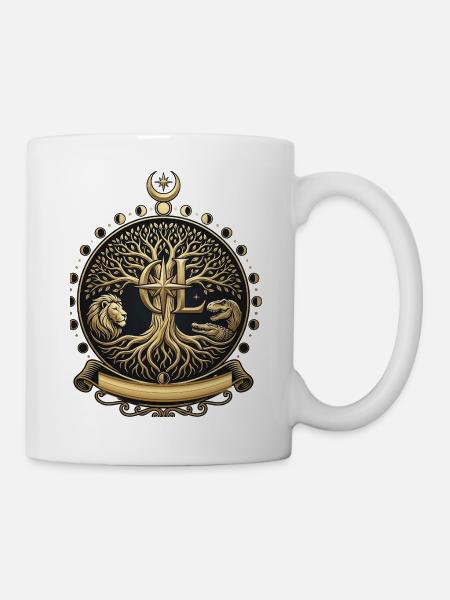 Goldener Lebensbaum, Löwe-, T-Rex- und Mondphasen - Tasse - Weiß