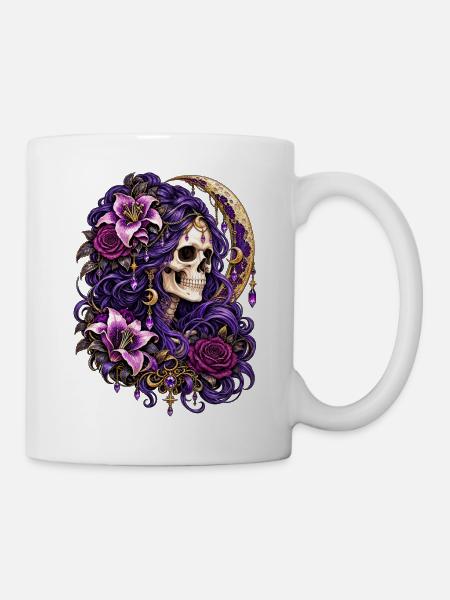 Schädelfrau, Mondblumen, Lila, Gotisch, - Tasse - Weiß