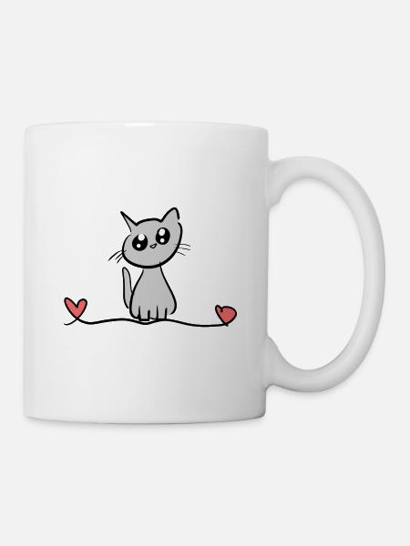 Cat Animal Line Heart Pet Small - Mug - white