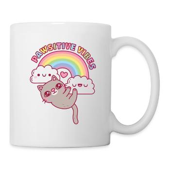 Süße Katze, Regenbogen und Wolken, Pawsitive Vibes - Tasse - Weiß - Rechts