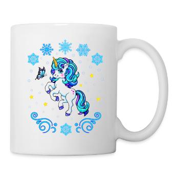 Winter 2022 blaues Einhorn mit Schneeflocken - Tasse - Weiß - Rechts