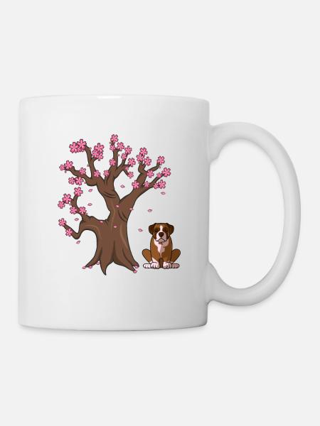 Boxer Dog Japanese Cherry Blossom Tree - Mug - white