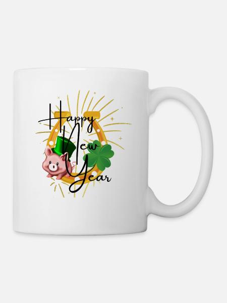 Happy New Year/ Glück/ Kleeblatt/ Hufeisen - Tasse - Weiß