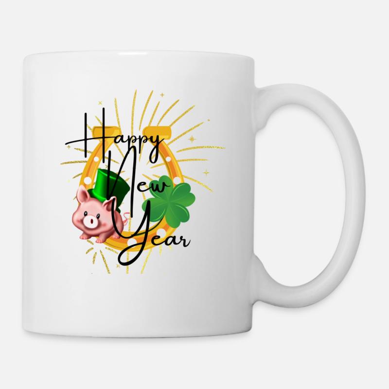 Happy New Year/ Glück/ Kleeblatt/ Hufeisen - Tasse - Weiß