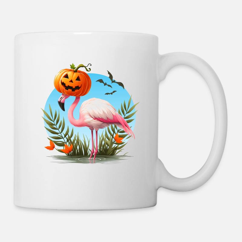 Flamingo mit Halloween-Kürbis-Hut - Tasse - Weiß