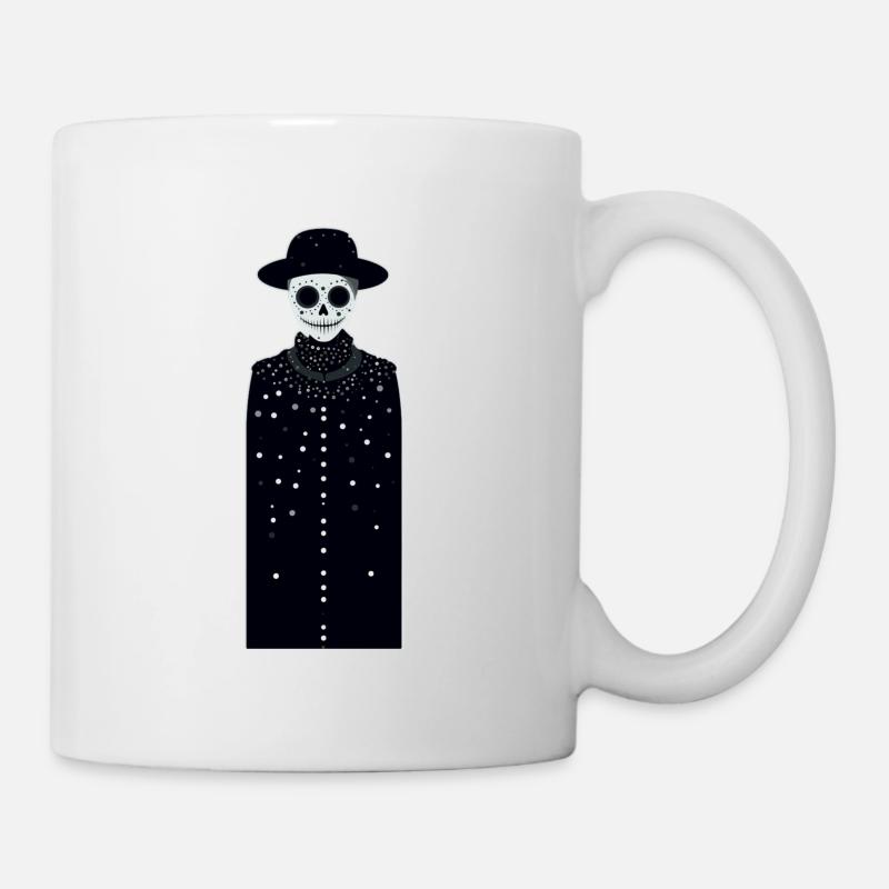 A smiling white skeleton wearing a hat and long - Mug - white