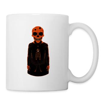 Ein orangefarbenes Skelett trägt einen Mantel. Huamn Figur - Tasse - Weiß - Rechts
