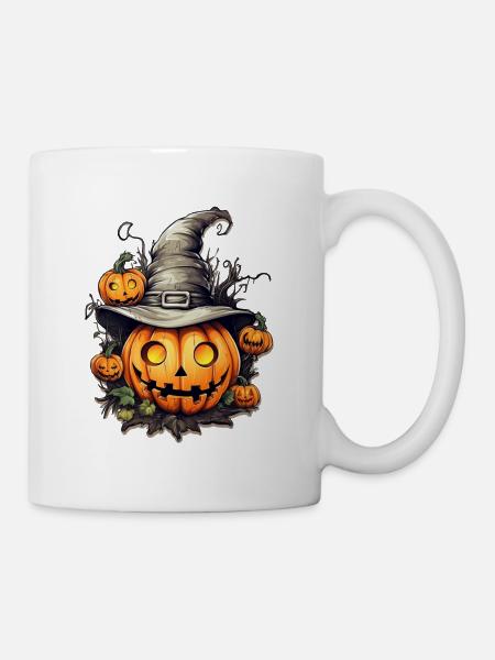Tête de citrouille portant un chapeau de sorcière, halloween - Mug blanc - blanc