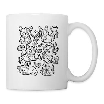 Corgi Doodle: Kaffee, Pizza, Donut, Musik, Buch - Tasse - Weiß - Rechts