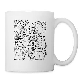 Capybara Doodle: Pizza, Kaffee, Donut, Musik, Buch - Tasse - Weiß - Rechts