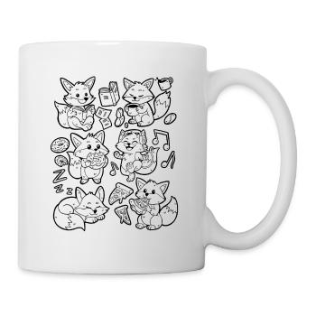 Fuchs Doodle: Pizza, Donut, Kaffe, Musik, Buch - Tasse - Weiß - Rechts