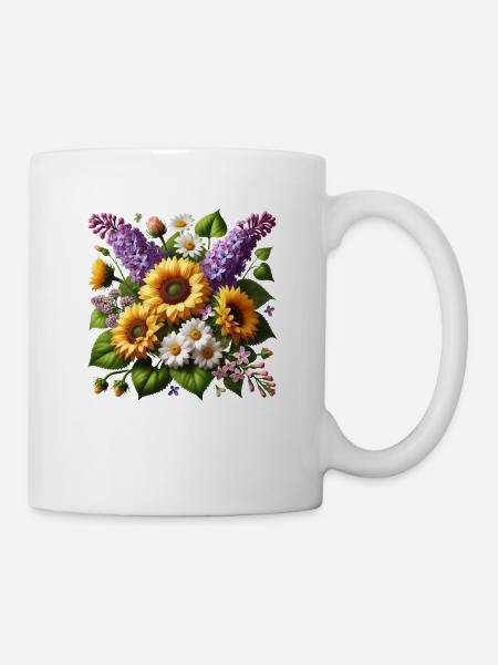Tournesol, lilas, marguerites, fleur, floral - Mug blanc - blanc