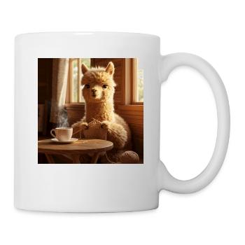 Alpaka trinkt Café und strickt - Tasse - Weiß - Rechts