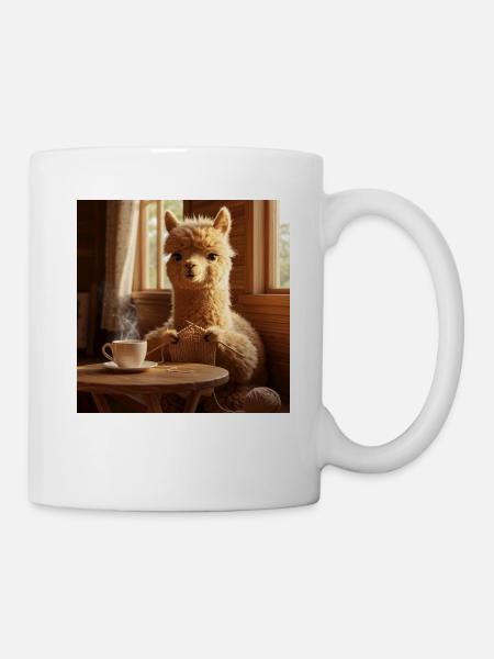 Alpaka trinkt Café und strickt - Tasse - Weiß