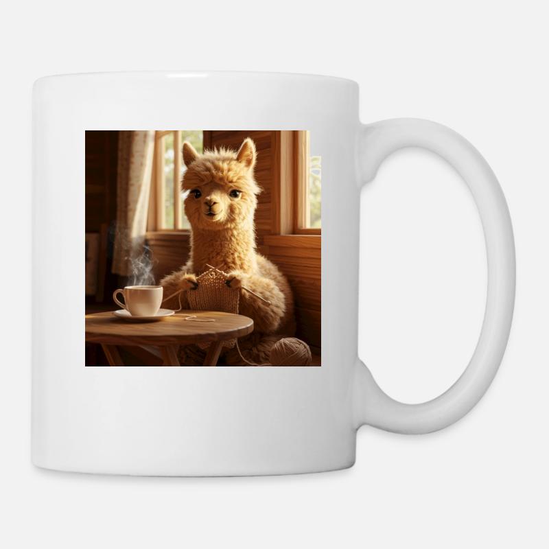 Alpaka trinkt Café und strickt - Tasse - Weiß